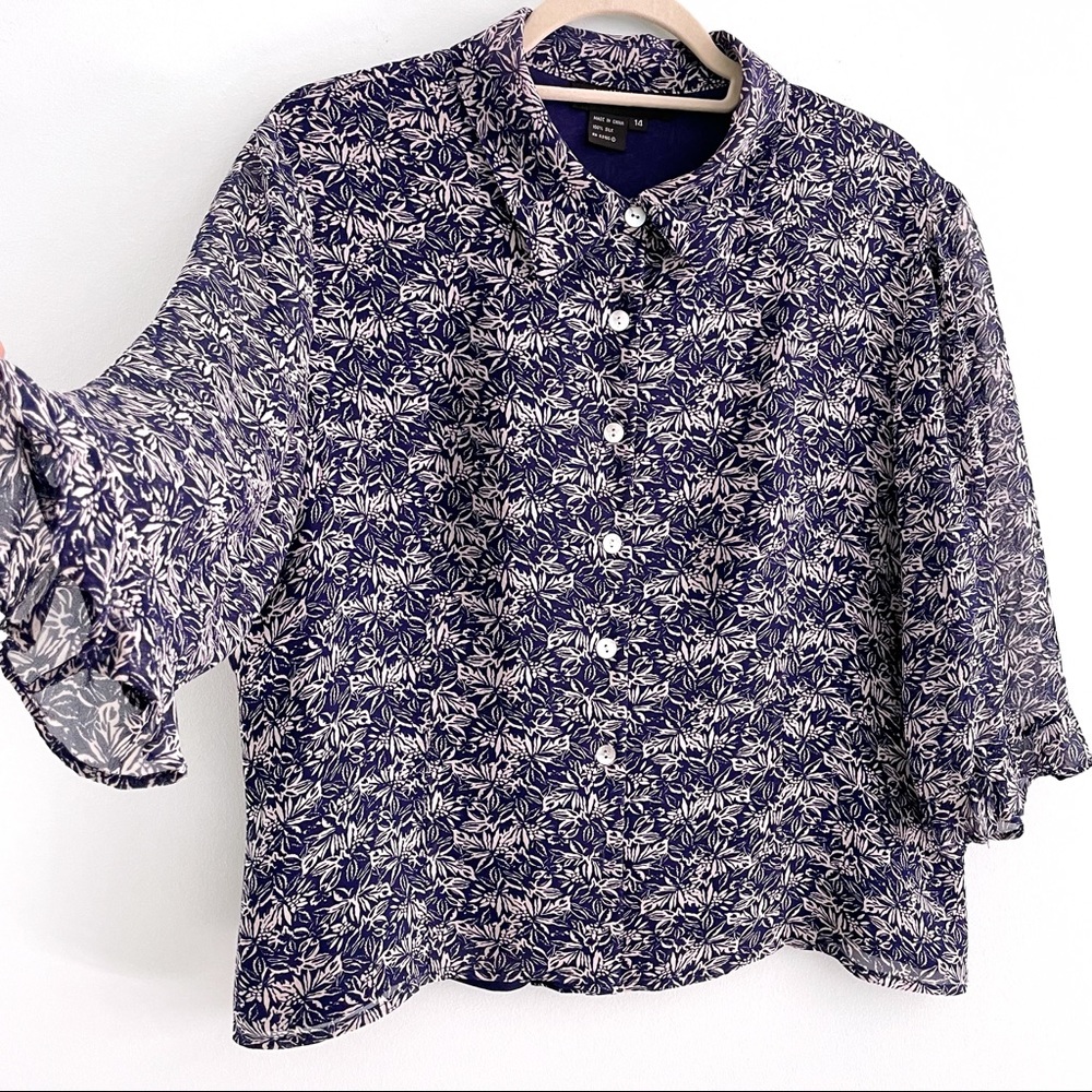 Elegant Floral Silk Button Down Shirt Blouse, 3/4 Sleeve, Office or Event Wear